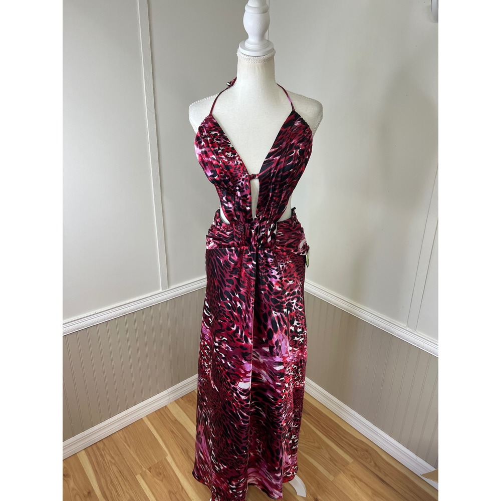 Windsor Red Black Leopard Print Halter Maxi Dress Cutout Formal Gown Size 7 NWT